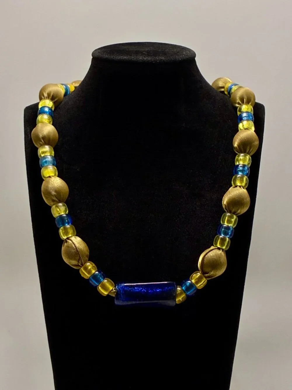 Rare Vintage Napier Runway Necklace Gold Fabric Beads Cobalt Blue Glass Accent